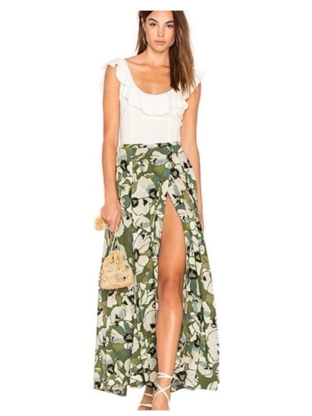 Free People Hot Tropics Moss Green Floral Print Maxi Skirt - Picture 3 of 7